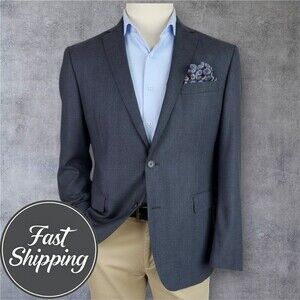 DKNY Mens Blazer 44R Gray/Blue Plaid WOOL Sport Coat Two Button Casual Jacket